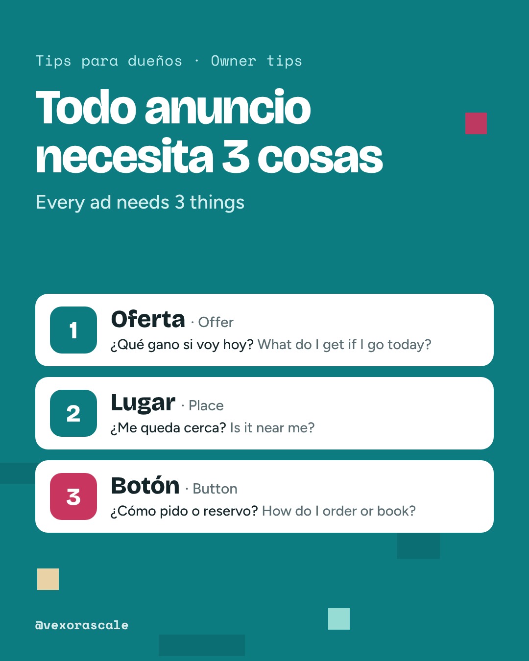 A post listing three things every ad needs: an offer, a place and a button.